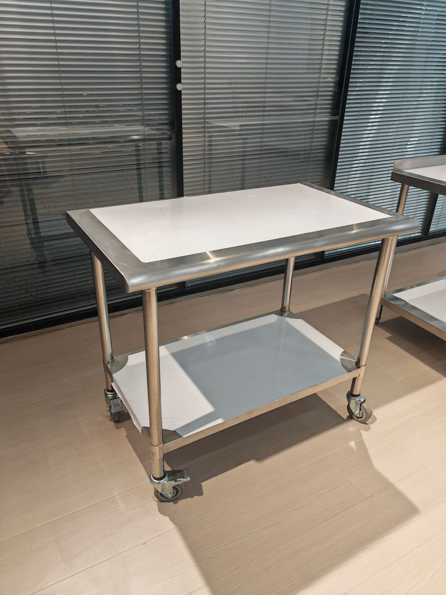 Mesa de trabajo de la cocina de acero inoxidable con ruedas