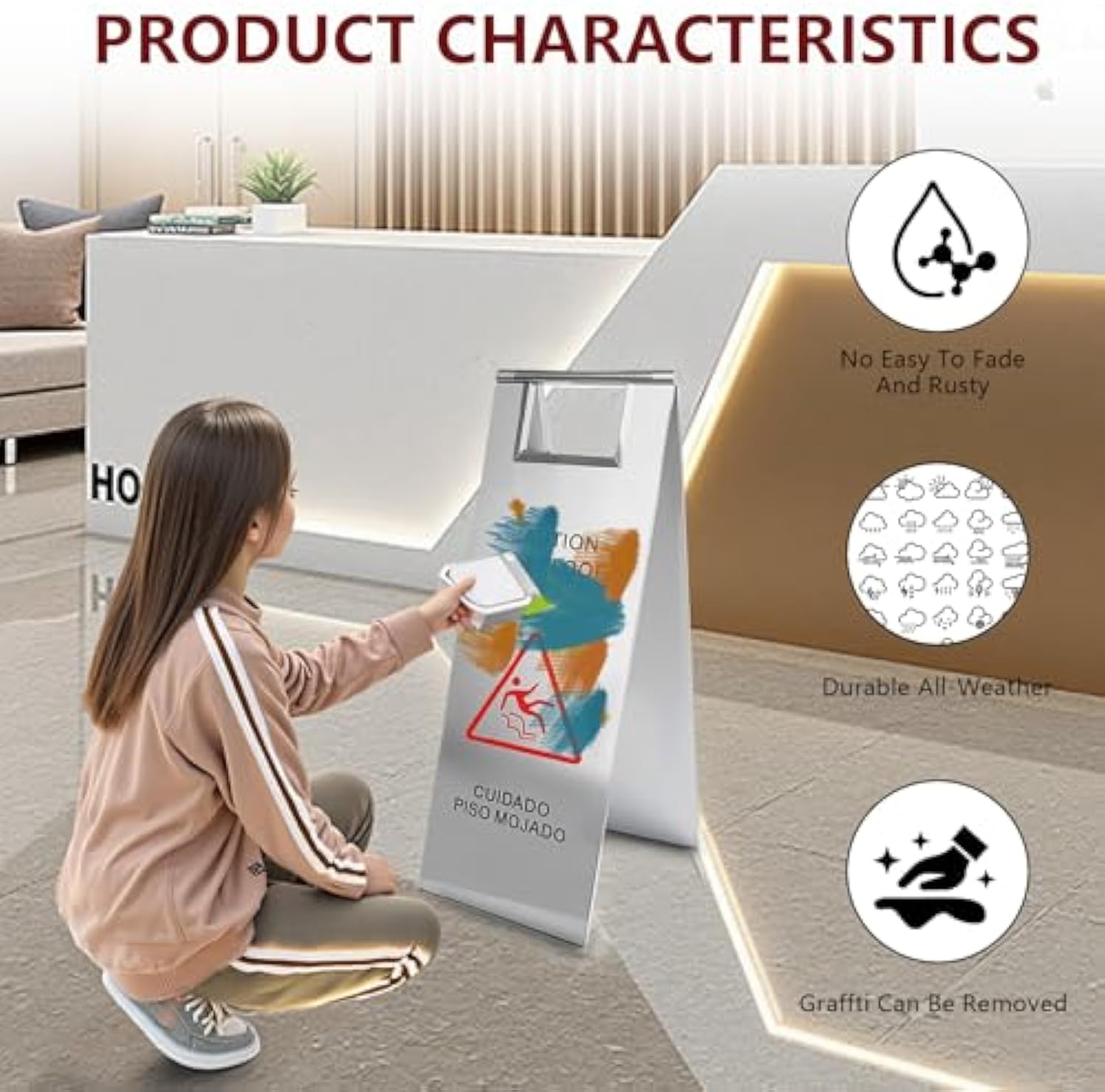 Manimaniportátil portátil de acero inoxidable mojado suelo señal de precaución para restaurante ﻿