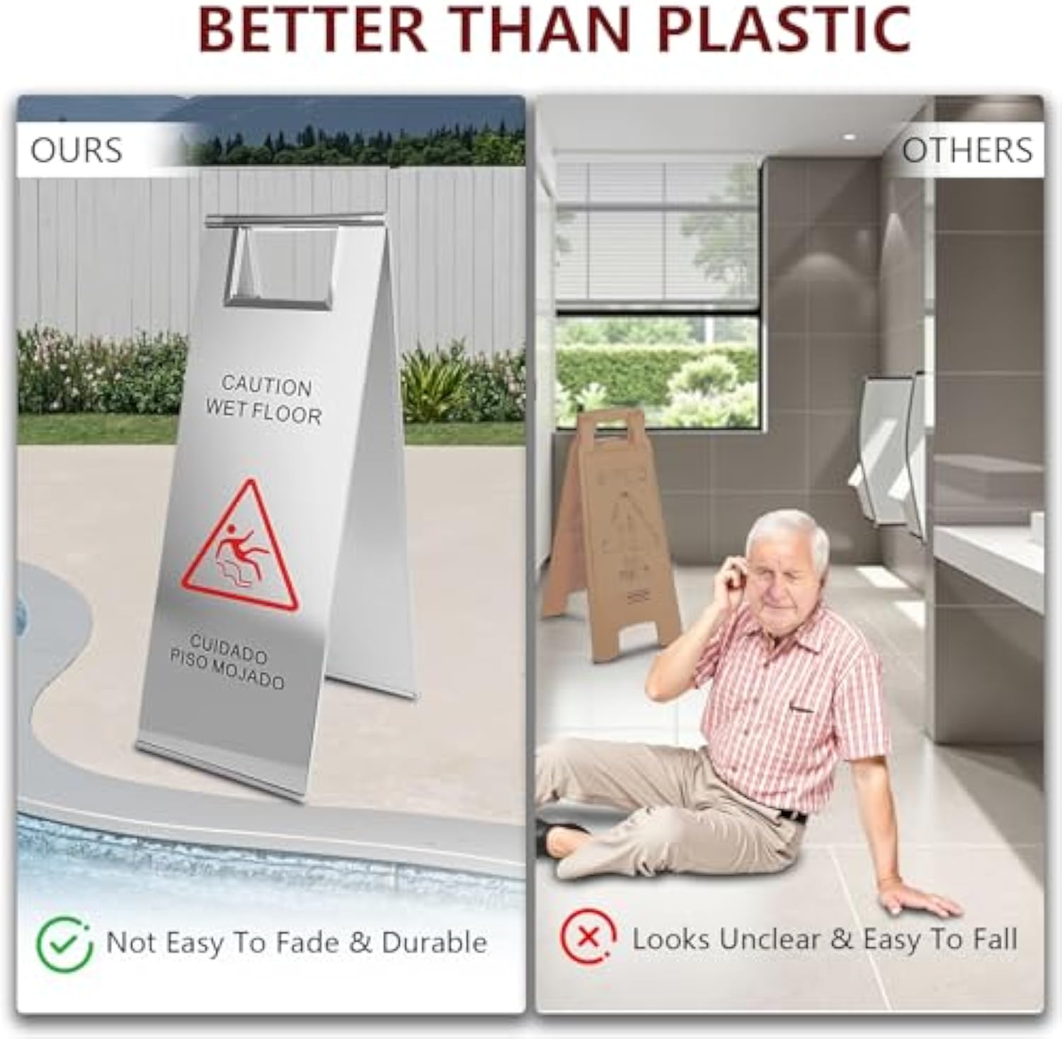 Manimaniportátil portátil de acero inoxidable mojado suelo señal de precaución para restaurante ﻿